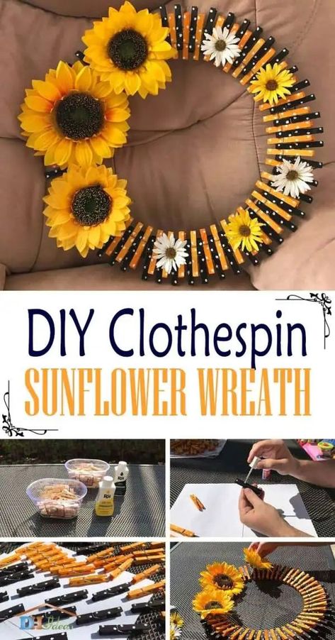 How Sunflower Clothespin Wreath, Sunflower Tutorial, Sunflower Wreath Diy, How To Make Sunflower, Clothespin Diy Crafts, Clothespins Diy, Wooden Clothespin Crafts, Clothespin Wreath, Summer Farmhouse Decor