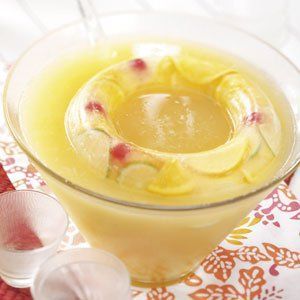 Golden Fruit Punch with Ice Ring Recipe -This is a refreshing punch that isn't as sweet as most. My family loves the tart "wake-me-up" flavor. As an added bonus, this punch won't stain carpeting the way a red punch would! —Cindy Steffen, Cedarburg, Wisconsin Fruit Punch Recipe, Golden Fruit, Frozen Limeade, Ice Ring, Frozen Lemonade, Punch Recipe, Punch Recipes, Fruit Punch, Non Alcoholic Drinks