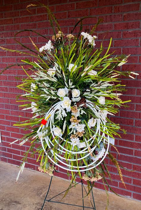 Cowboy funeral spray , with rope . For the Gaskey’s famlies forever cowboy . 2021 Cowboy Flower Arrangement, Memorial Flowers, Flower Spray, Memorial Garden, Garden Flags, Rustic Style, Flower Shop, Flower Decorations, Flower Arrangements