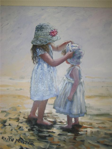 Painting Of Sisters, Sister Painting Ideas Easy, Watercolor Sisters, Keith Proctor, Sisters Artwork, Sisters Painting, Sisters Art, Mother Art, Painting Of Girl