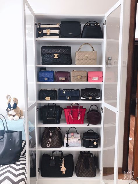 Bag Wardrobe Design, Organization Ideas For Purses, Bags Closet Organization, Ideas To Organize Purses, Cabinet For Bags Shelves, How To Store Purses Ideas, Purse Organization Ideas Bedroom, Display Purses In Closet, Luxury Purse Closet