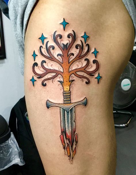 My 2nd Tat! Narsil x Tree of Gondor LoTR Inspired Side-Thigh Tattoo by Tox Fresco from Makati Philippines (Oct 27 2019) Gondor Lotr, Narsil Tattoo, Lotr Gondor, Makati Philippines, Tree Of Gondor, Lotr Tattoo, Side Thigh Tattoos, Tattoo S, R Tattoo