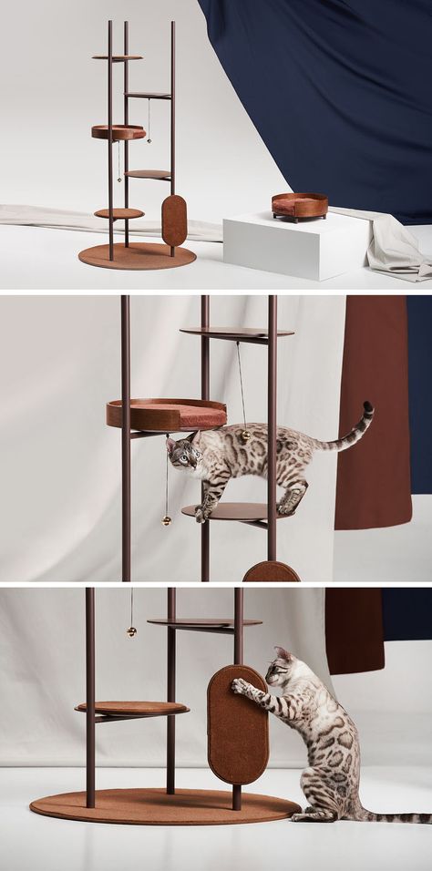 Jiyoun Kim Studio presents the 'Three Poles Collection', a modern cat tower that has multiple places for cats to play or relax. #CatTower #Cats #PetFurniture Cat Presents For Cats, Mcm Cat Tree, Designer Cat Tree, Cat Interior Design, Best Cat Tree, Modern Cat Tower, Cat Tree Designs, Diy Chat, Katt Grejer