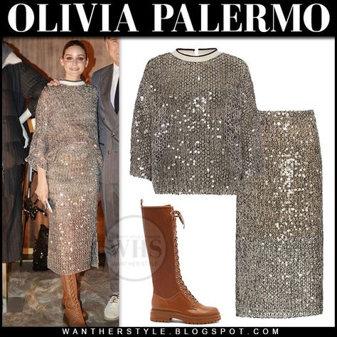 Gold Sequin Midi Skirt Outfit, Sequin Maxi Skirt Sweater, Glamorous Sequined Midi Skirt, Brunello Cucinelli Women Outfit, Olivia Palermo Long Skirt, Sweater Midi Skirt, Luxury Gold Sequined Skirt, Embellished Midi Skirt, Sparkly Fashion