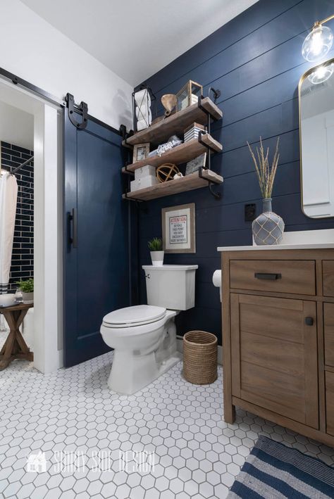 Navy Blue Bathroom Decor, Dark Blue Bathrooms, Navy Blue Bathrooms, Navy Bathroom, Shiplap Bathroom, Blue Bathroom Decor, Barn Decor, Boys Bathroom, Renovation Design