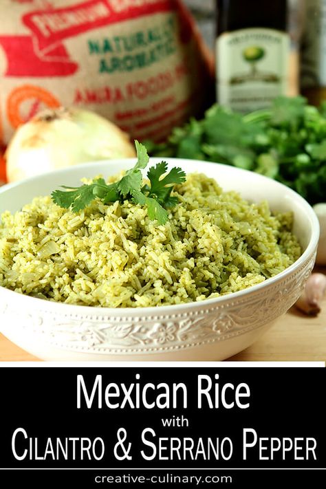 The best Mexican Rice I've had; it combines cilantro with Serrano peppers and olive oil in a dressing that makes for a lively and delicious side dish. The Best Mexican Rice, Serrano Pepper Recipes, Polenta Dishes, Best Mexican Rice, Mexican Rice Dishes, Veggie Box, Serrano Peppers, Culinary Food, Mexican Rice Recipes