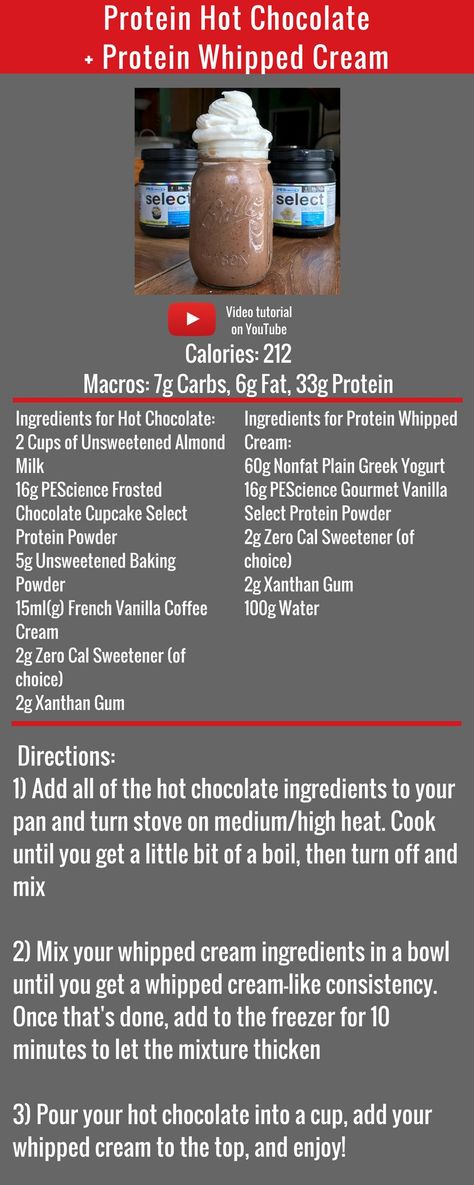 Protein Hot Chocolate + Protein Whipped Cream Recipe #FlexibleDietingLifestyle #IfItFitsYourLifestyle Flexible Dieting Lifestyle Recipes, Diy Protein Hot Chocolate, Protein Whip, Chocolate Protein Powder Drink Recipes, Protein Bakes, Flexible Dieting Recipes, Protein Shake Chocolate Powder, Protein Hot Chocolate, Chocolate Protein Pudding Fairlife