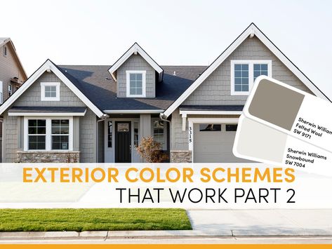 Exterior Color Schemes that Work - Part 2 Exterior Home Color Schemes, Sherwin Williams Exterior Paint Colors, Sherwin Williams Color Schemes, School Exterior, Exterior Paint Schemes, Lighting Exterior, Gray House Exterior, Exterior House Remodel, Paint Color Schemes