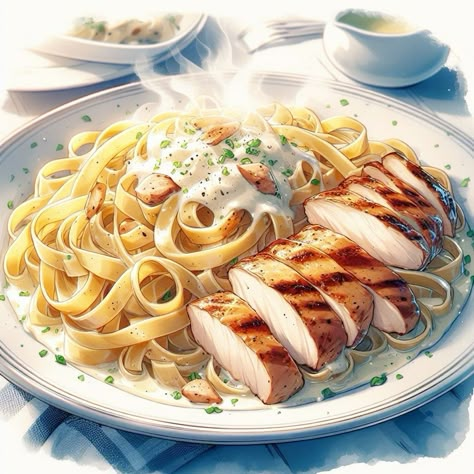 Anime Pasta Art, Anime Foods Aesthetic, Pasta Illustration, Animation Food, Cool Digital Art, Digital Art Inspiration, Animated Food, Japanese Food Illustration, Chicken Alfredo Pasta