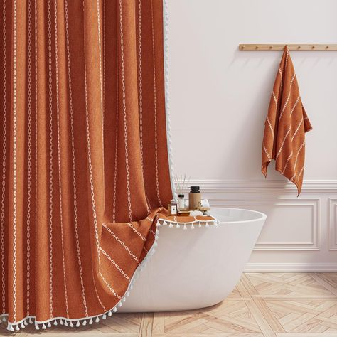 PRICES MAY VARY. 🛁【Boho Farmhouse Style with Tassel】: This shower curtain features a unique combination of bohemian and farmhouse style, with a 3D embroidery stripe design and tassels on three sides. The elegant and country style adds a touch of luxury to your bathroom and creates a beautiful aesthetic. This decorative shower curtain will elevate your bathing experience, allowing you to enjoy a luxurious hotel-like bath in the comfort of your own home. 🛁【Premium Linen Blend Fabric】: This boho Shower Curtain White Bathroom, Fall Bathroom Shower Curtain, Southwestern Style Bathroom, Earth Tone Shower Curtain, Burnt Orange And Green Bathroom, Rust Shower Curtain, Earthy Shower Curtain, Terracotta Shower Curtain, Mcm Shower Curtain