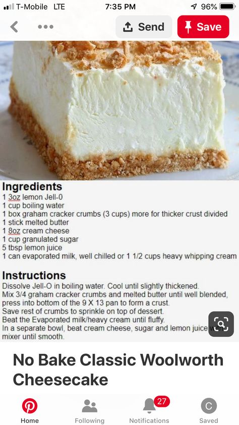 Woolworth Cheesecake Recipe, Woolworth Cheesecake, Lemon Cheesecake Recipes, Jello Dessert Recipes, Crockpot Soup, Lemon Dessert Recipes, Baking Recipes Cookies, Cold Desserts, Easy Cheesecake Recipes