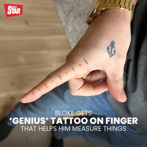 A man has found a "handy" way to help measure things using just his finger – a tattoo of a ruler. Steffen Karlsen, 31, asked his partner Julie Strmsnes, 35, to design the quirky inking on his right index finger. After a little persuasion, tattoo artist Julie inked the design onto his finger. She created it by drawing 10 lines 1cm apart from each other. Steffen admits he "loves" his tattoo, and it's since been branded "genius" by some social media users. He's more than happy that he can mak... Persuasion Tattoo, Funny Finger Tattoos, Ruler Tattoo, Funny Fingers, His Tattoo, Index Finger, Daily Star, Finger Tattoos, A Tattoo