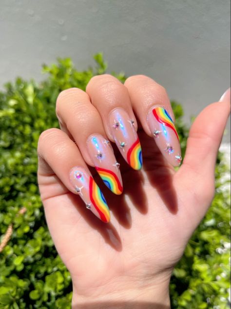 Lgbtq Pride Nails, Pride Nails Square, Subtle Pride Nails Pan, Gay Pride Nail Art, Pride Nails Ideas, Rainbow Nails With Rhinestones, Pastel Pride Nails, Pride Themed Nails, Pride Nails 2024