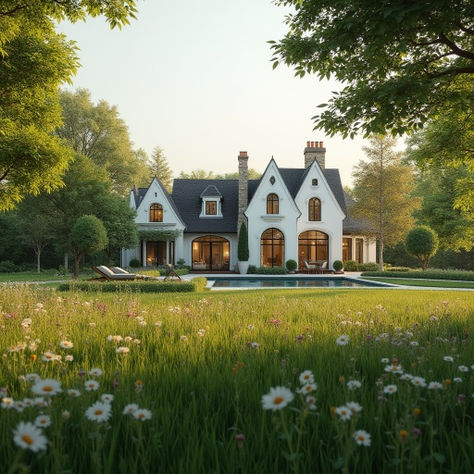 garden house with ivy growing on walls, warm lighting, french tudor style facade, arched windows European Tudor Exterior, French Modern Tudor, House With Ivy, French Tudor Style Homes, European Farmhouse Exterior, French Tudor, Tudor Architecture, Modern Tudor, Creek House