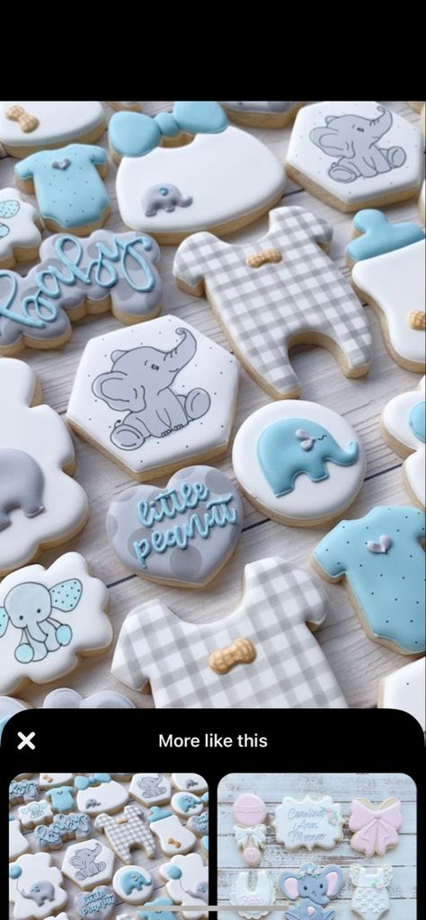 Elephant Baby Shower Cookies, Cookie Recipes Decorating, Elephant Baby Shower Boy, Elephant Cookies, Elephant Theme, Sugar Cookie Designs, Elephant Baby Showers, Baby Cookies, Boy Baby Shower Themes