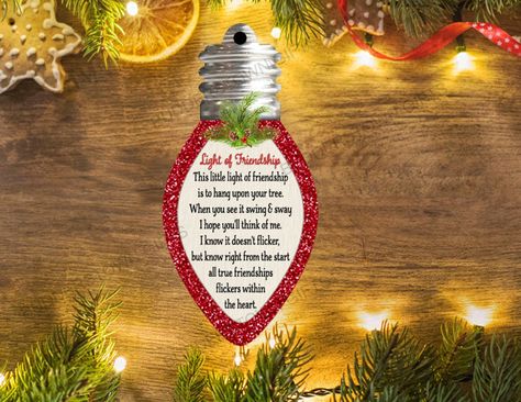 Light of Friendship Ornament Personalized Christmas Ornament - Etsy Canada Light Of Friendship Ornament, Light Of Friendship, Friendship Ornaments, Light Bulb Ornaments, Christmas Light Ornament, Personalised Gifts For Friends, Wooden Christmas Tree, Handmade Christmas Decorations, Wooden Christmas Trees