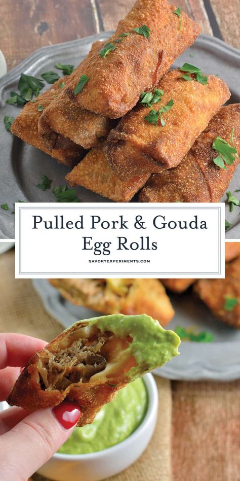 Pulled Pork and Gouda Egg Rolls - The Country Cook. Savory Egg Rolls, Eggroll Ideas, Pulled Pork Egg Rolls, Egg Roll Wraps, Pork Wraps, Homemade Egg Rolls, Pork Egg Rolls, Crispy Egg, Chicken Spring Rolls