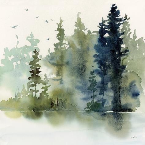 size: 12x12in Art Print: Northern Woods by Katrina Pete : Pine Walls, Contemporary Watercolor, Misty Forest, Evergreen Trees, Frame Painting, Wood Canvas, Art Blue, Pine Tree, Tree Painting