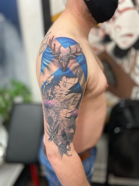 Scotland; Stag; Flag; Thistle; Aberdeen Map Of Scotland Tattoo, Scotland Sleeve Tattoo, Scotland Flag Tattoo Ideas, Scottish Sleeve Tattoos For Guys, Scotland Map Tattoo, Scottish Highlands Tattoo, Scotland Flag Tattoo, Scottish Stag Tattoo, Nessy Tattoo