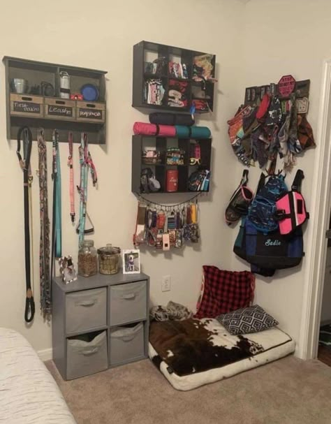 Organize Dog Clothes, Dog Room Storage, Service Dog Organization, Dog Collar Storage, Working Dog Gear, Dog Training Room Ideas, Dog Supply Organization, Service Dog Gear Organization, Service Dog Gear Wall