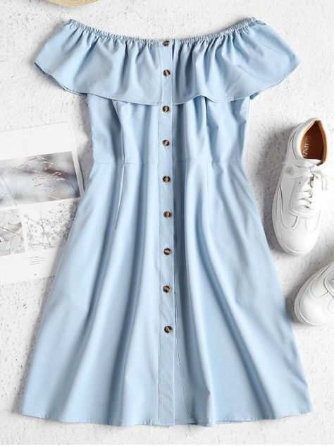 Pretty Short Dresses, Button Up Mini Dress, Áo Blu, Blue Mini Dress, Mini Dress Casual, Mini Dresses Summer, Ladies Dress Design, Fashion Street, Outfits Casuales