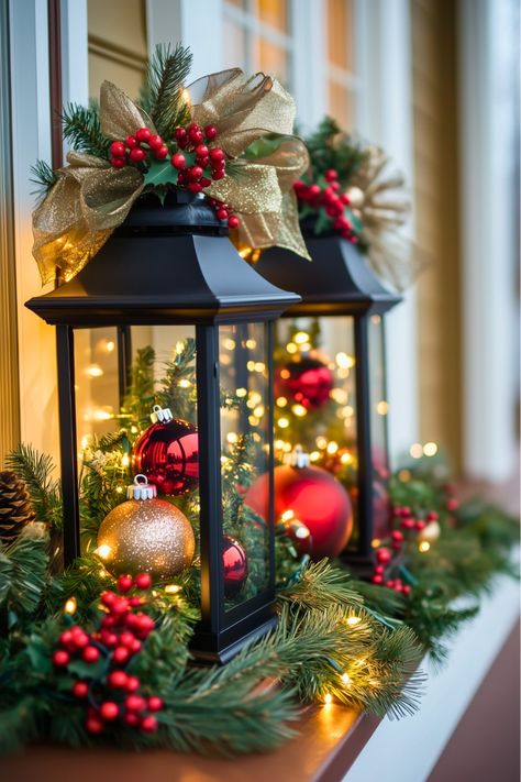 20 Outdoor Christmas Lantern Ideas to Transform Your Front Porch - H.M.G Decorating Christmas Lanterns Ideas, Christmas Lantern With Lights, Christmas Latern Decorations, Christmas Decor Items, Front Door Lantern Decor, Decorated Lanterns For Christmas, Christmas Lanterns Decorated Ideas, Big Lantern Decor Ideas, Outdoor Christmas Lantern Ideas