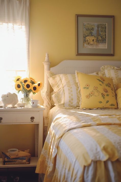 Rustic Yellow Bedroom, Yellow Walls Aesthetic, Aesthetic Room With Yellow Walls, Yellow White Room Aesthetic, Room Ideas For Yellow Walls, Sunflower Bedroom Aesthetic, Yellow Walled Bedroom, Yellow Vintage Bedroom, Yellow Girl Bedroom