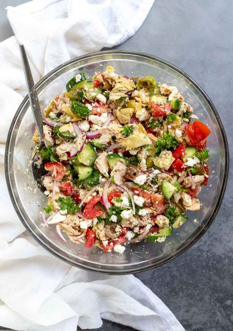 Tuna Salad No Mayo, Healthy Tuna Recipes, Keto Tuna Salad, Mediterranean Tuna, Mediterranean Tuna Salad, Canned Tuna Recipes, Cucumber Onion, Chicken Salad With Apples, Healthy Tuna