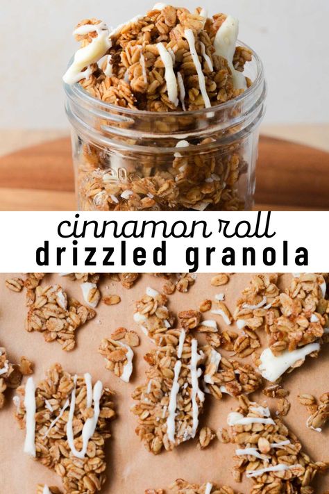 Sprinkle this delicious cinnamon roll granola over your morning yogurt bowl! This Cinnamon Roll Drizzled Granola is crunchy & sweet with cinnamon-spiced oats and a drizzle of white chocolate icing. It is also nut-free. Trader Joes Cinnamon Roll Granola, Cinnamon Roll Drizzled Granola, Apple Cinnamon Granola Recipe, Rolled Oats Granola Recipe, Recipes With Granola, Granola Flavors, Cinnamon Roll Granola, Oat Granola Recipe, Granola Clusters Recipe