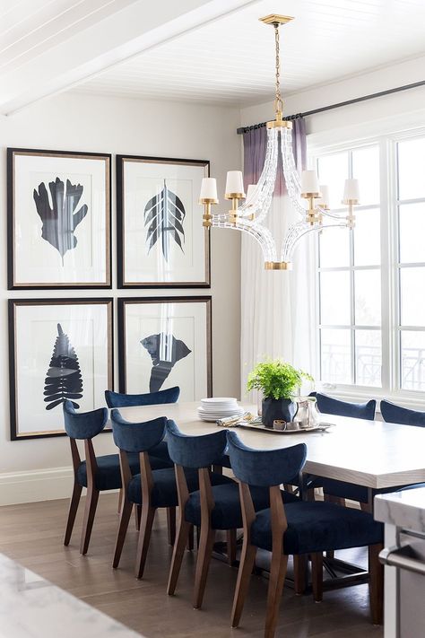 Dining Room via Emily Jackson / The Ivory Lane Mid Century Dining Room, Blue Chairs, Dining Room Contemporary, Dining Room Wall Art, 아파트 인테리어, Dining Room Inspiration, Velvet Dining Chairs, Dining Room Walls, Modern Dining Room