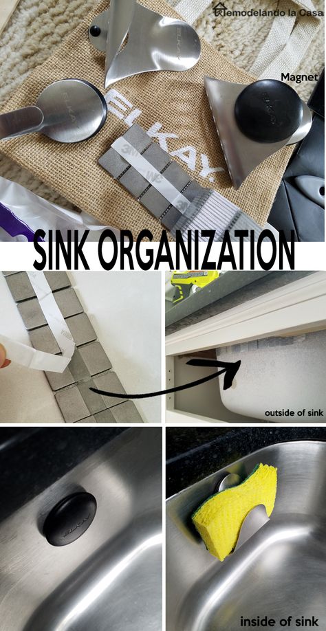 I LOVE how they use MAGNETS to attach the sponge holder to the sink! Bye bye ugly suction cups. Organize Kitchen Sink Area, Sink Sponge Holder Ideas, Dish Brush Holder Ideas, Sponge Holder Ideas, Diy Kitchen Sink Caddy, Kitchen Sponge Holder Ideas, Kitchen Sink Sponge Holder Ideas, Diy Sponge Holder, Sink Cabinet Organization