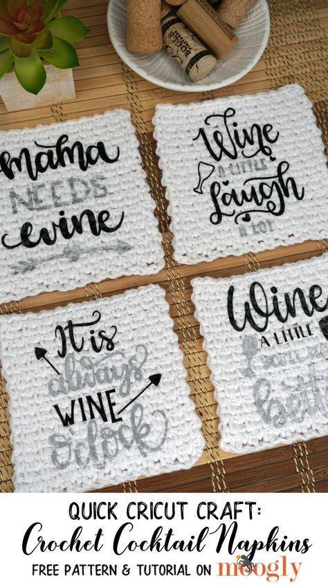 A bottle of wine or drinks themed basket is a classic gift - and you can make it even better by including these Crochet Cocktail Napkins, all dressed up with Cricut Iron-Ons - I'll show you how in this Quick Cricut Craft on Moogly! Crochet Cocktail, Cricut Htv, A Bottle Of Wine, Crochet Hook Set, Crochet Kitchen, Cricut Craft, Diy Coasters, Wine Theme, Bottle Of Wine