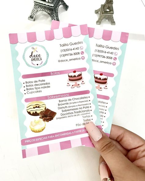 @personalizadoslg shared a photo on Instagram: “Quem não se encanta com esse panfleto?  Aposto que quem pega-lo vai guardar com todo carinho e ficar com vontade desses doces 🥰  A…” • Sep 26, 2019 at 12:40pm UTC Menu Card Design, Cake Branding, Pamphlet Design, Bullet Journal Paper, Thank You Card Design, Food Trailer, Mini Donuts, Sweet Pastries, Sweetie Pie