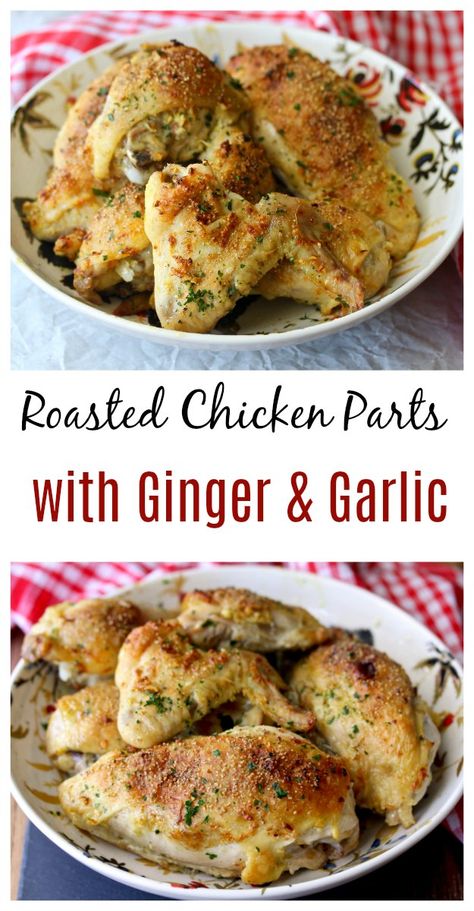 Roasted Chicken Parts with Ginger and Garlic #chicken #dinner Chicken Parts, Chicken Parts Recipes Dinners, Chicken Parts Recipes, Mary Berg Roasted Chicken, Ghee Roast Chicken Recipe, Roasted Garlic And Herb Chicken, Rustic Garlic Chicken, Chicken Ghee Roast, Baked Dinner