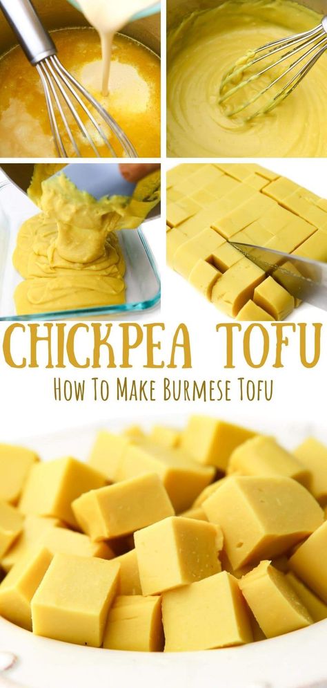 A pin for chickpea tofu. The top photo is a collage showing the process of making chickpea tofu. The bottom photo is a bowl of chickpea tofu. Tofu From Lentils, Bean Tofu Recipes, Lentils Tofu Recipe, Making Tofu At Home, Burmese Tofu Recipes, Hidden Tofu Recipes, Brown Lentil Tofu, Legume Tofu, Lentil Tofu Recipes