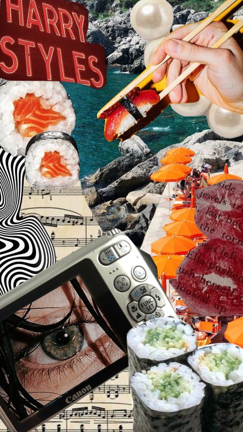 #music #harrystyles #collage #shuffle #moodboard #vintage #sushi #musicforasushirestraunt Sushi Moodboard, Sushi Aesthetic, Food Collage, Sushi Bowl, Sushi Restaurants, Collage Wall, Year 2, Japan Food, Summer 24