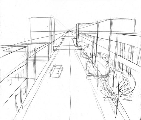 One Point exterior- Street view.  Here's a quick sketch of a street scene. Start with the horizon line- establish it is at 6' elevation. Dra... Street Perspective Sketch, Street View Drawing Perspective, One Point Prespective Sketches City, One Point Perspective Street View, How To Draw A Street, Horizon Line Perspective, Horizon Line Drawing, Street Drawing Reference, Street Perspective Drawing