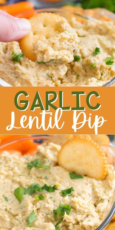 Lentil Snack Ideas, High Protein Bean Dip, Lentil Appetizer, Lentil Chips Recipe, Vegan Dips For Parties, High Protein Dips, Garlic Lentils, Lentil Dip Recipe, Lentil Hummus Recipe