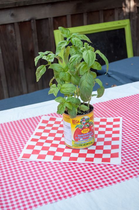 Chef Centerpiece Ideas, Italian Tomato Can Centerpieces, Basil Centerpiece, Pasta Themed Party 1st Birthdays, Pizza Party Centerpieces, Tomato Themed Birthday Party, Tomato Birthday Party, Spaghetti Birthday Party, Italian Themed First Birthday