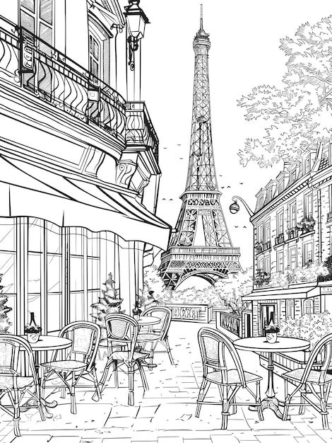 Página para colorear del café parisiense... | Premium Vector #Freepik #vector #dibujo #frances #libro-colorear #arte-creativo City Drawing Pencil, Paris Art Drawings, Paris Drawing Sketches, Paris Draw, Ratatouille Party, Paris Drawing, Paris Streets, Mind Map Design, Paris Illustration