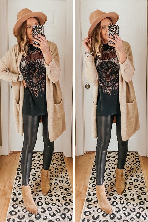 Casual Leather Leggings Outfit Fall, Fall Outfit With Leather Leggings, Cozy Fall Outfits For Work, Cute Faux Leather Legging Outfits, Vegas Outfits For Women Over 30, Hide Mid Section Outfits, Fall Outfits Faux Leather Leggings, Casual Outfits With Leather Leggings, Leather Dress Outfit Fall