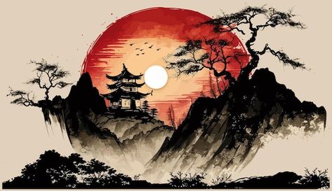 Chinese landscape with little house unde... | Premium Vector #Freepik #vector #japanese-painting #chinese-landscape #chinese-painting #chinese-mountain Asian Silhouette Art, Chinese Nature Painting, Japan Landscape Illustration, Chinese Scenery Painting, Chinese House Painting, Japan Landscape Art, Ancient Chinese Art Painting, Japan Background Landscape, Chinese Landscape Drawing