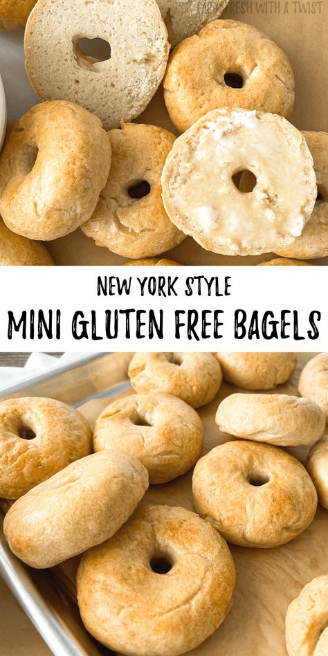 New York Style Mini Gluten Free Bagels - Farm Fresh with a Twist Best Gluten Free Bagels, Easy Gluten Free Bagel Recipe, Gluten Free Begal Recipe, Bagels Recipe Homemade Gluten Free, Gf Df Bagel Recipe, Bagel Recipe Gluten Free, Gluten Free Dairy Free Bagels, Homemade Gluten Free Bagels, Bagel Gluten Free