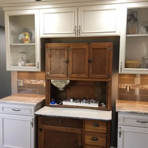 Hoosier Cabinet - Photos & Ideas | Houzz Hoosier Cabinet Built Into Kitchen, Kitchen With Hoosier Cabinet, Hoosier Cabinet In Kitchen, Built In Hoosier Cabinet, Hoosier Cabinet Ideas Farmhouse, Hoosier Cabinet Decorating Ideas, Hoosier Cabinet Makeover, Antique Hoosier Cabinet, Hoosier Cabinets