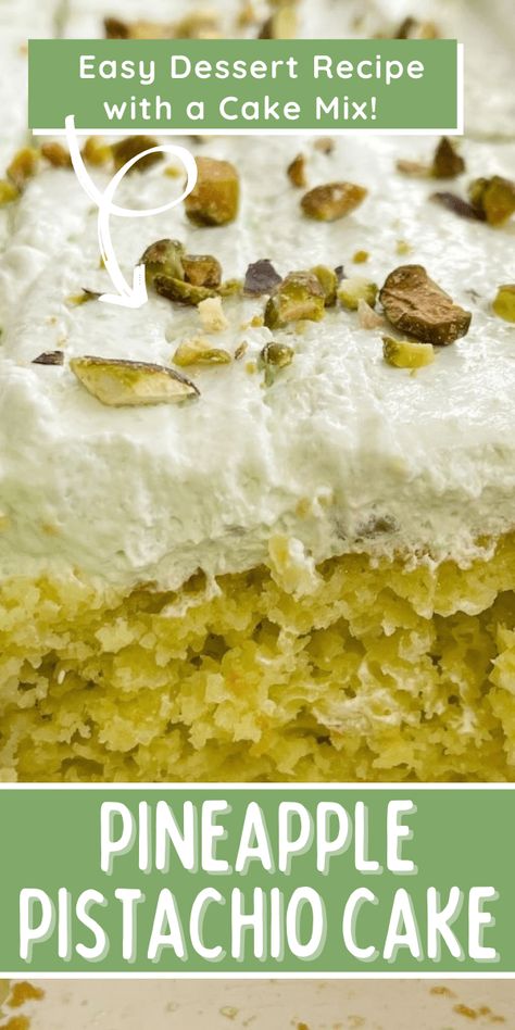 Pineapple Pistachio Cake in an easy 5 ingredient cake recipe that starts with a cake mix, pistachio pudding, and crushed pineapple. This easy dessert recipe is topped with a fluffy pistachio pudding frosting. Pistachio Pineapple Dessert, Pistachio Treats, Cabin Desserts, Dream Whip Frosting, Pistachio Desserts, Pistachio Pudding Cake, Pistachio Dessert Pudding, Whip Frosting, Pistachio Cake Recipe