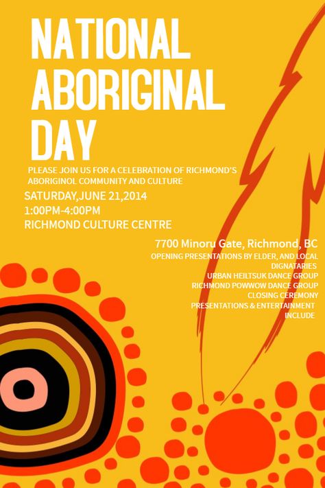 Yellow national aboriginal day activities poster template. Click to customize. Indigenous Poster Design, Community Event Poster, Indigenous Poster, National Aboriginal Day, Aboriginal Day, School Magazine, Aboriginal Education, Event Poster Template, Minimal Graphic