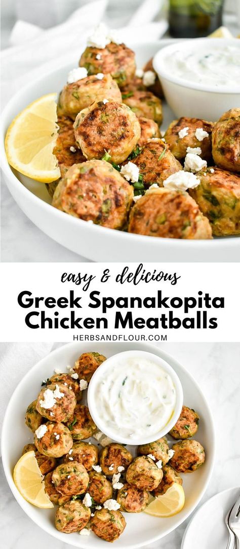 These Greek Spanakopita Chicken Meatballs are inspired by spanakopita, the Greek savory pie packed with spinach and feta! This recipe is simple, healthy and delicious! Chicken Meatballs With Spinach, Chicken Spinach Feta Meatballs, Greek Chicken Patties, Spinach Feta Chicken Meatballs, Spanikopita Chicken, Spinach Feta Meatballs, Greek Chicken Meatballs, Greek Spanakopita, Spinach Feta Chicken