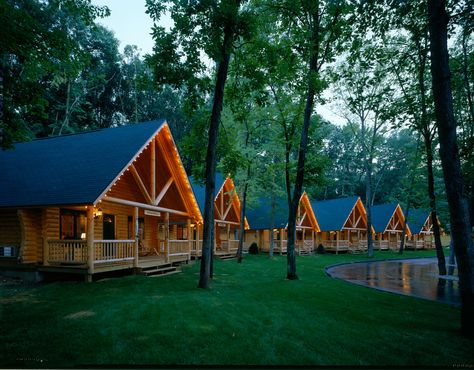 Cozy cabins with a loft! www.hiawatha.com Farm Resort Ideas, Cabin Community, Campground Cabins, Camp Cabins, Camp Cottage, Camp Cabin, Camping Cabin, Triangle House, Tiny House Village