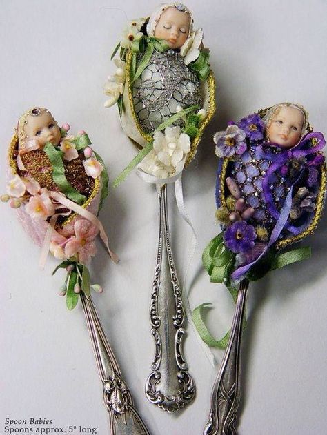 Fairy doll spoons by Stephanie Blythe Art Coquillage, Spoon Art, Baby Fairy, Assemblage Art, Clay Dolls, Fairy Dolls, Clay Creations, Doll Making, Miniature Dolls