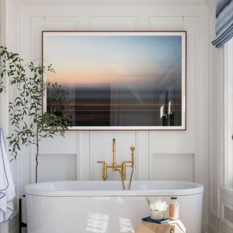 Statement art above the freestanding tub with waterworks brass Henry tub filler. Add a tree and stool for incorporating life and decor for a styled ensuite design. Gorgeous wall paneling as well! Art Above Tub, Ensuite Design, Standing Tub, Freestanding Tub, Statement Art, Bathroom Inspo, Tub Filler, Bathroom Art, Free Standing Tub